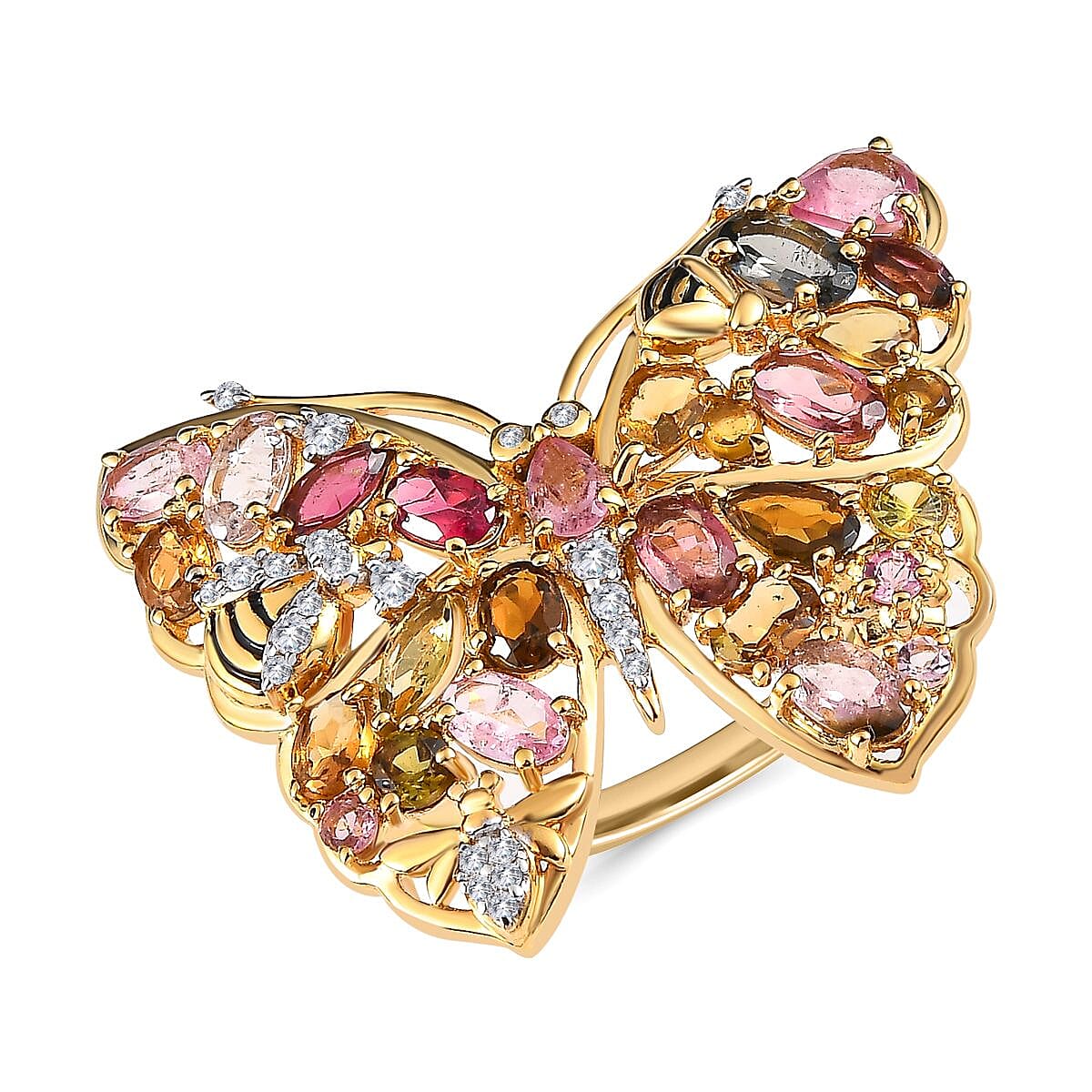 Multi-Tourmaline, Multi Gemstone 4.61 ctw Ring in 18K Vermeil Yellow Gold Over Sterling Silver (Size 11.5)