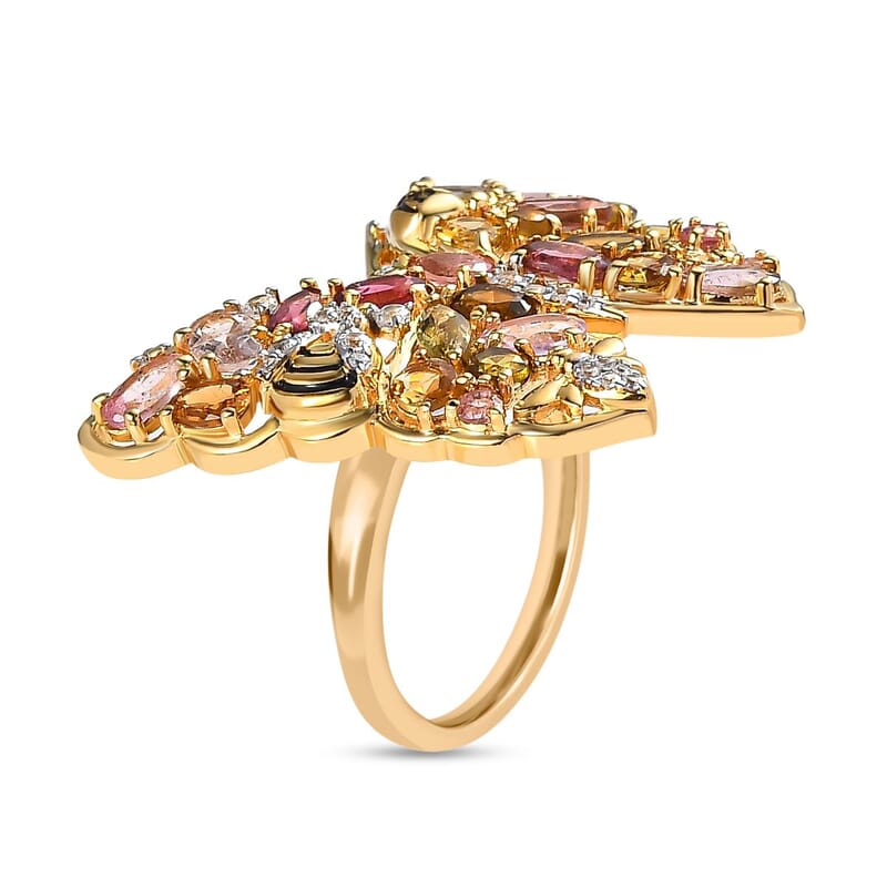 Multi-Tourmaline, Multi Gemstone 4.61 ctw Ring in 18K Vermeil Yellow Gold Over Sterling Silver (Size 11.5)