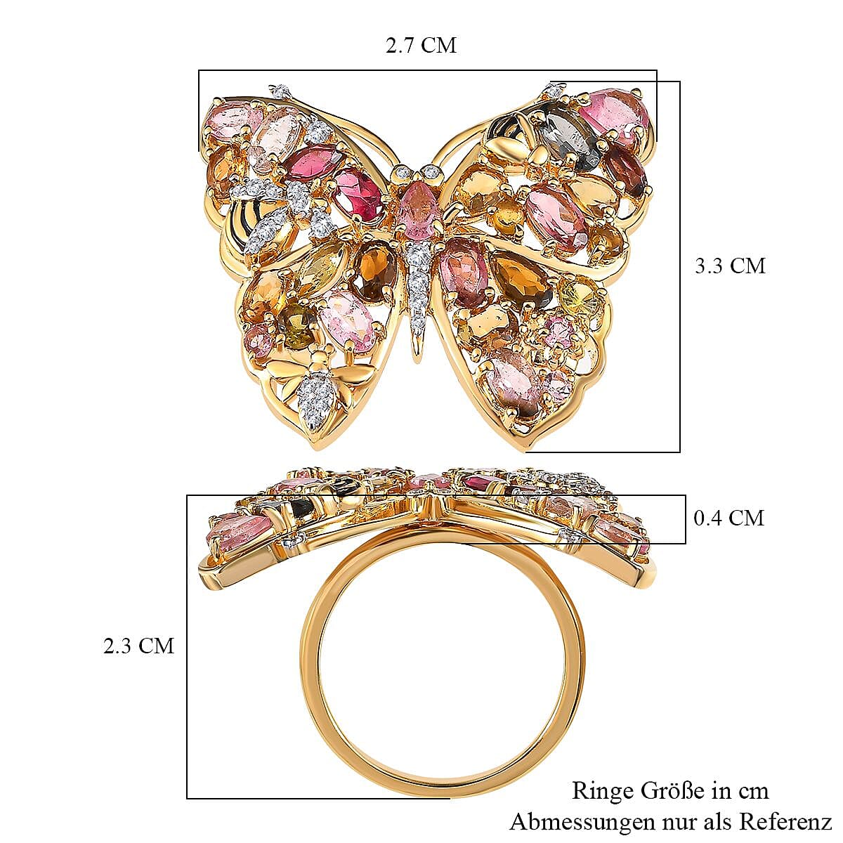 Multi-Tourmaline, Multi Gemstone 4.61 ctw Ring in 18K Vermeil Yellow Gold Over Sterling Silver (Size 11.5)