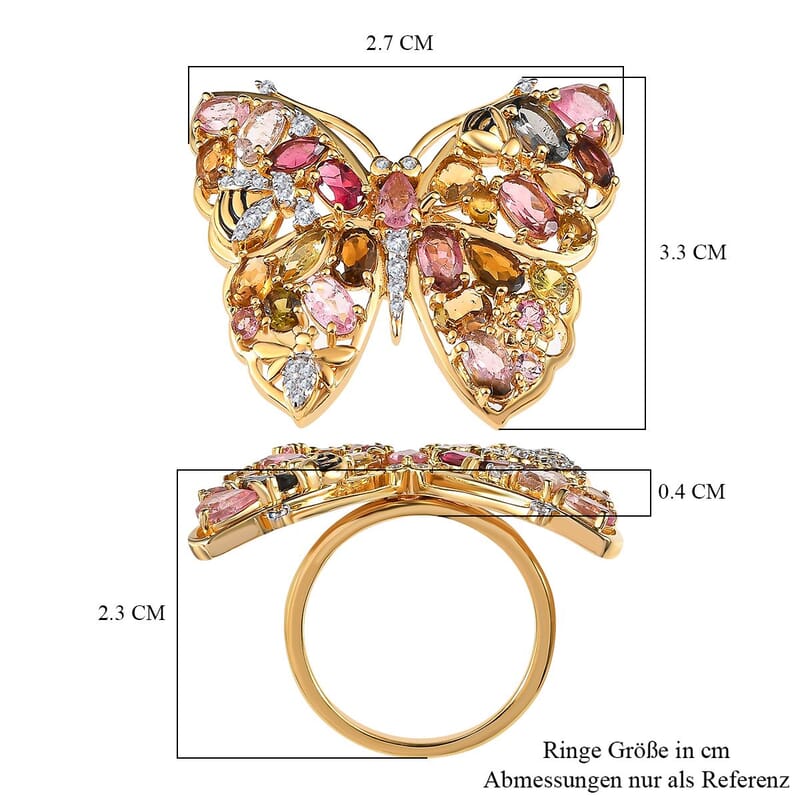 Multi-Tourmaline, Multi Gemstone 4.61 ctw Ring in 18K Vermeil Yellow Gold Over Sterling Silver (Size 11.5)