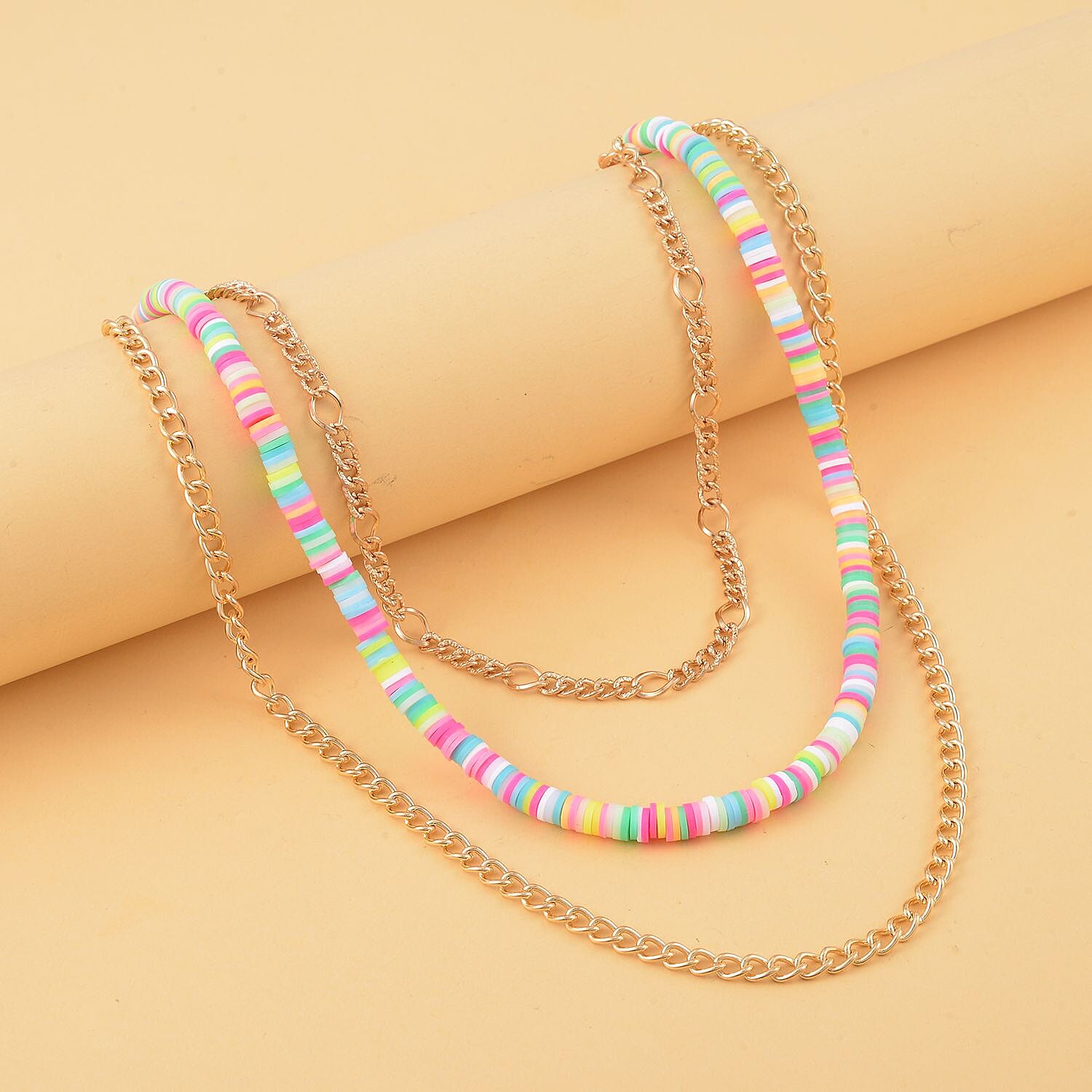 Multi Color Resin Clay 3 Layered Necklace 20-22 Inches in Goldtone