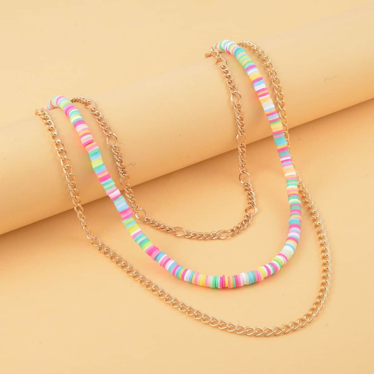 Multi Color Resin Clay 3 Layered Necklace 20-22 Inches in Goldtone image number 1