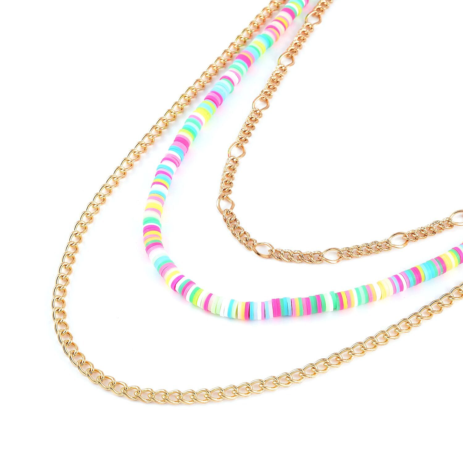 Multi Color Resin Clay 3 Layered Necklace 20-22 Inches in Goldtone