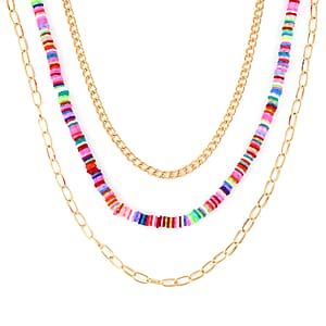 Rainbow Resin Clay 3 Layered Necklace 20-22 Inches in Goldtone