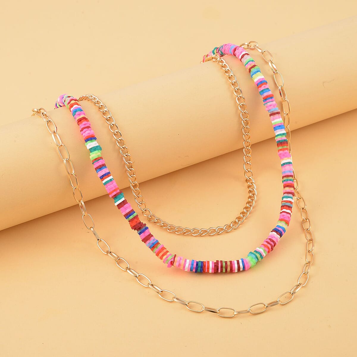 Rainbow Resin Clay 3 Layered Necklace 20-22 Inches in Goldtone image number 1