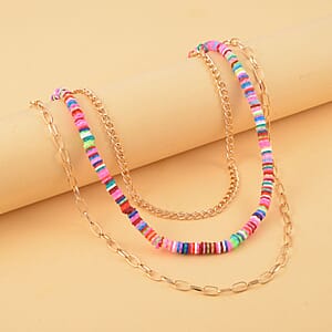 Rainbow Resin Clay 3 Layered Necklace 20-22 Inches in Goldtone