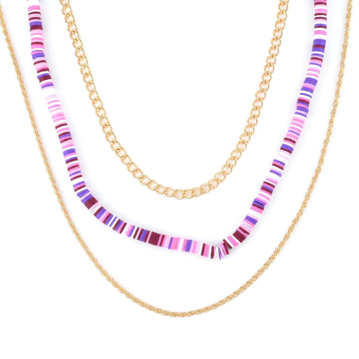 Purple Color Resin Clay 3 Layered Necklace 19.5-21.50 Inches in Goldtone image number 0