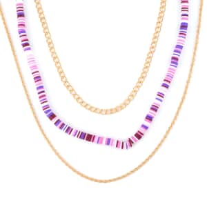 Purple Color Resin Clay 3 Layered Necklace 19.5-21.50 Inches in Goldtone