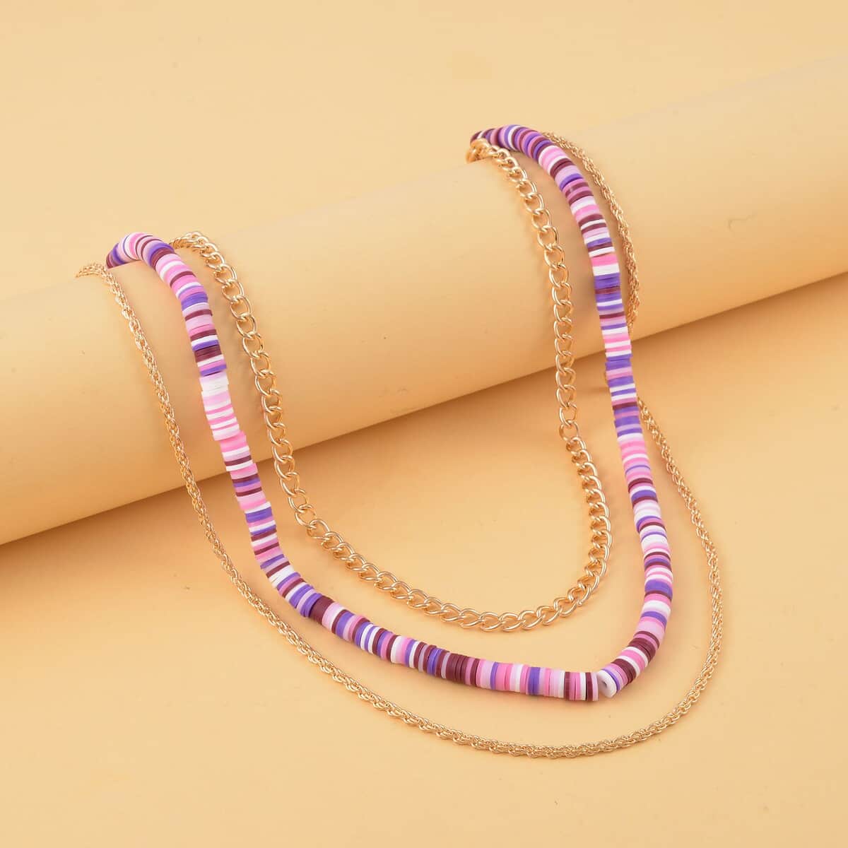 Purple Color Resin Clay 3 Layered Necklace 19.5-21.50 Inches in Goldtone image number 1