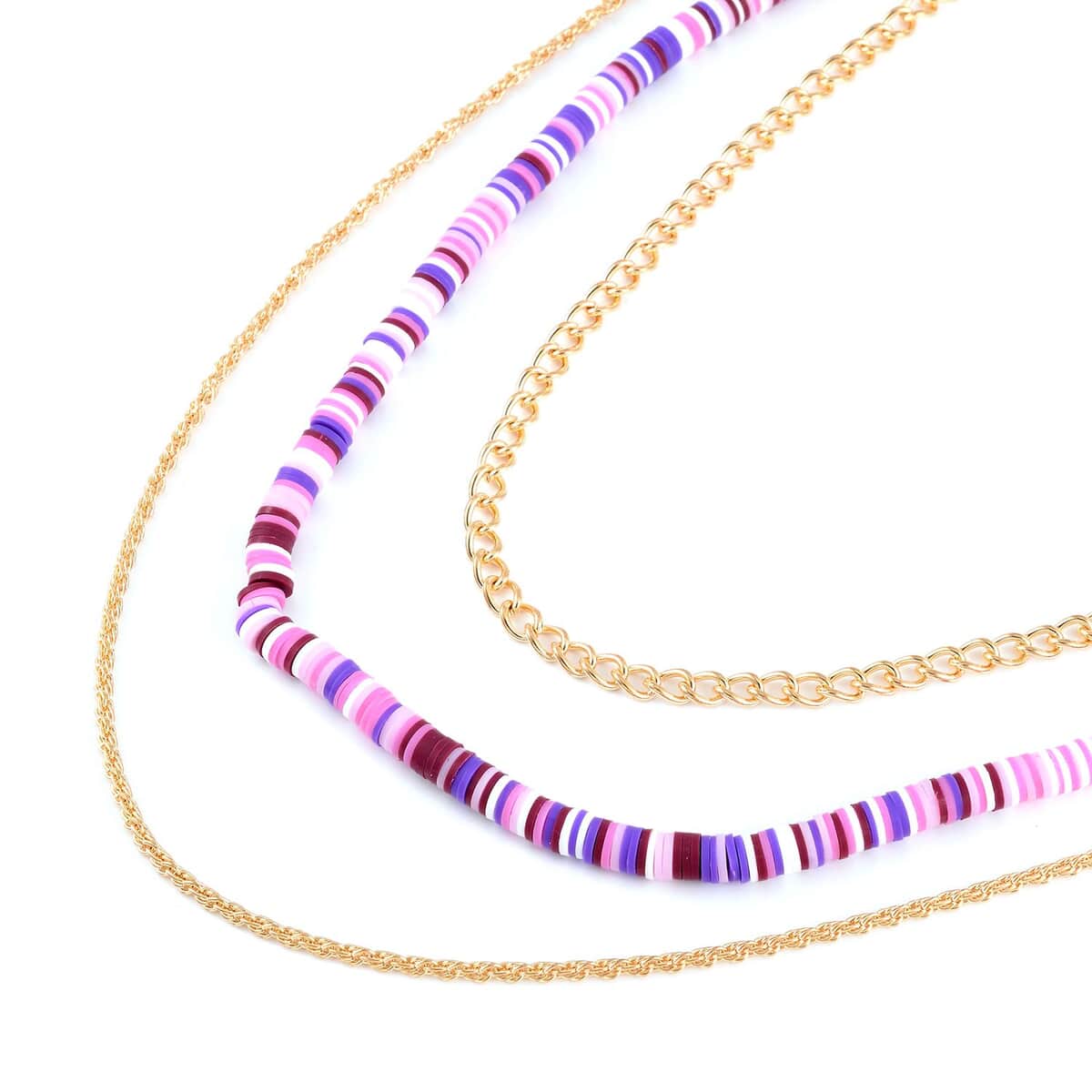 Purple Color Resin Clay 3 Layered Necklace 19.5-21.50 Inches in Goldtone image number 2