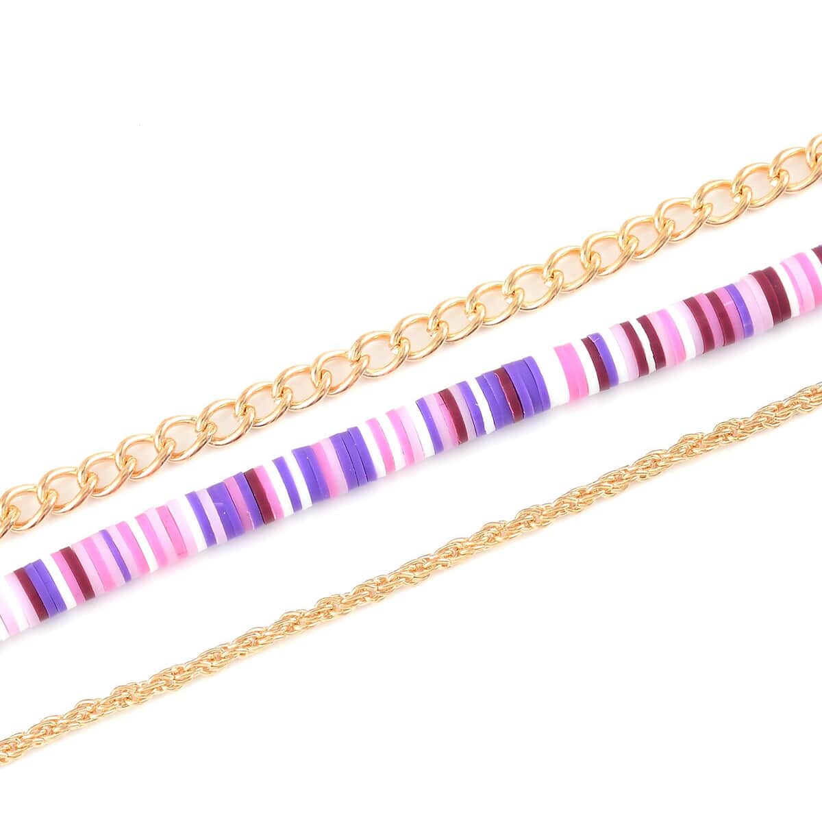 Purple Color Resin Clay 3 Layered Necklace 19.5-21.50 Inches in Goldtone image number 3