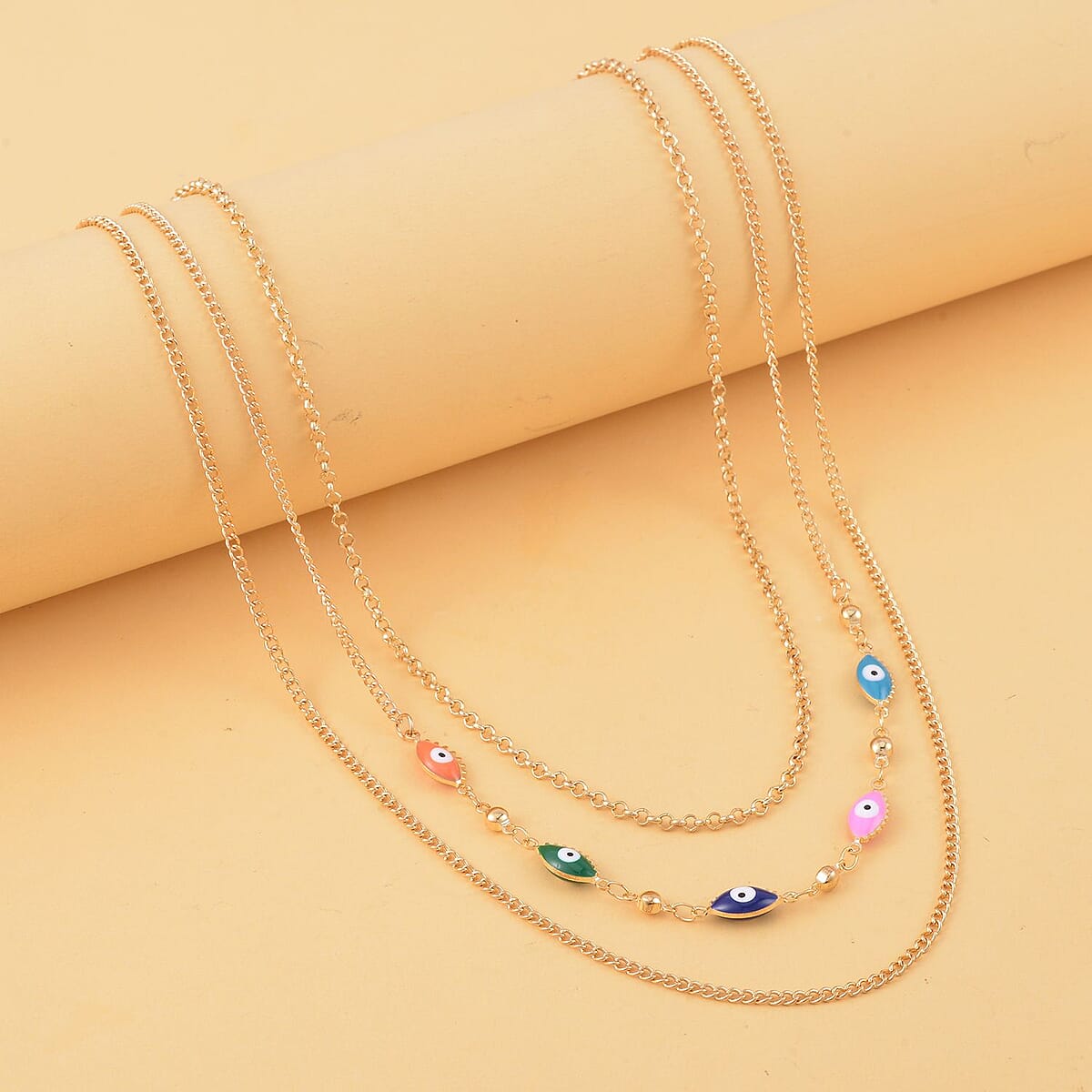 Multi Color Enameled Evil Eye Protector Station Necklace Layered Set 18-20 Inches in Goldtone image number 1