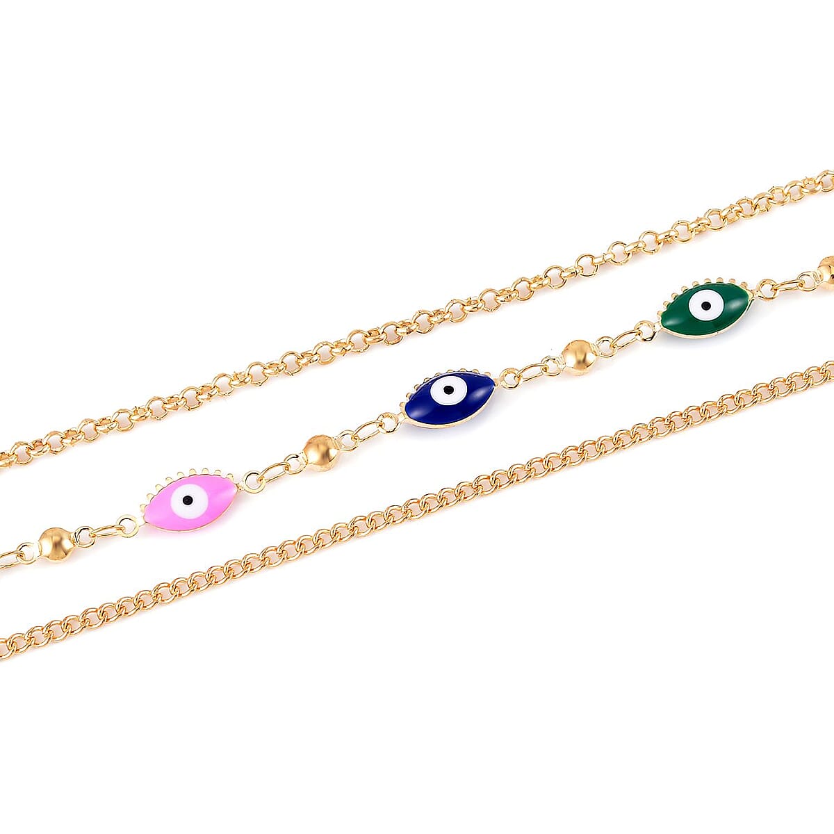 Multi Color Enameled Evil Eye Protector Station Necklace Layered Set 18-20 Inches in Goldtone image number 3