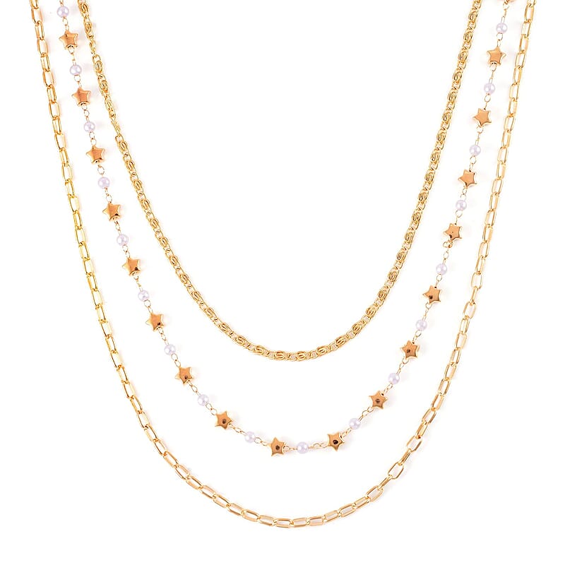 White Resin Pearl Stars Station Necklace Layered Set 18-20 Inches in Goldtone