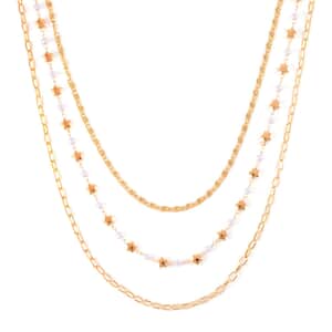 Mother’s Day Gift White Resin Pearl Stars Station Necklace Layered Set 18-20 Inches in Goldtone
