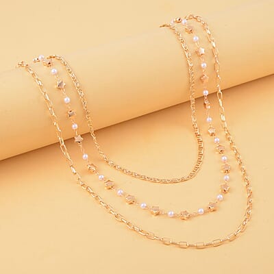 White Resin Pearl Stars Station Necklace Layered Set 18-20 Inches in Goldtone