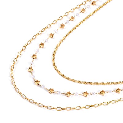 White Resin Pearl Stars Station Necklace Layered Set 18-20 Inches in Goldtone