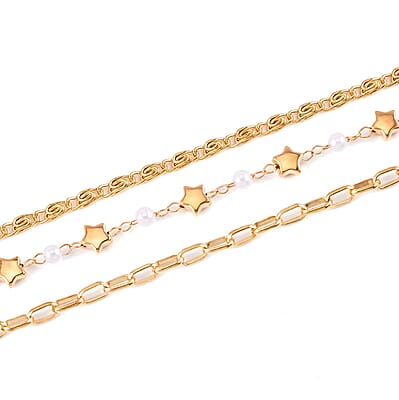 White Resin Pearl Stars Station Necklace Layered Set 18-20 Inches in Goldtone