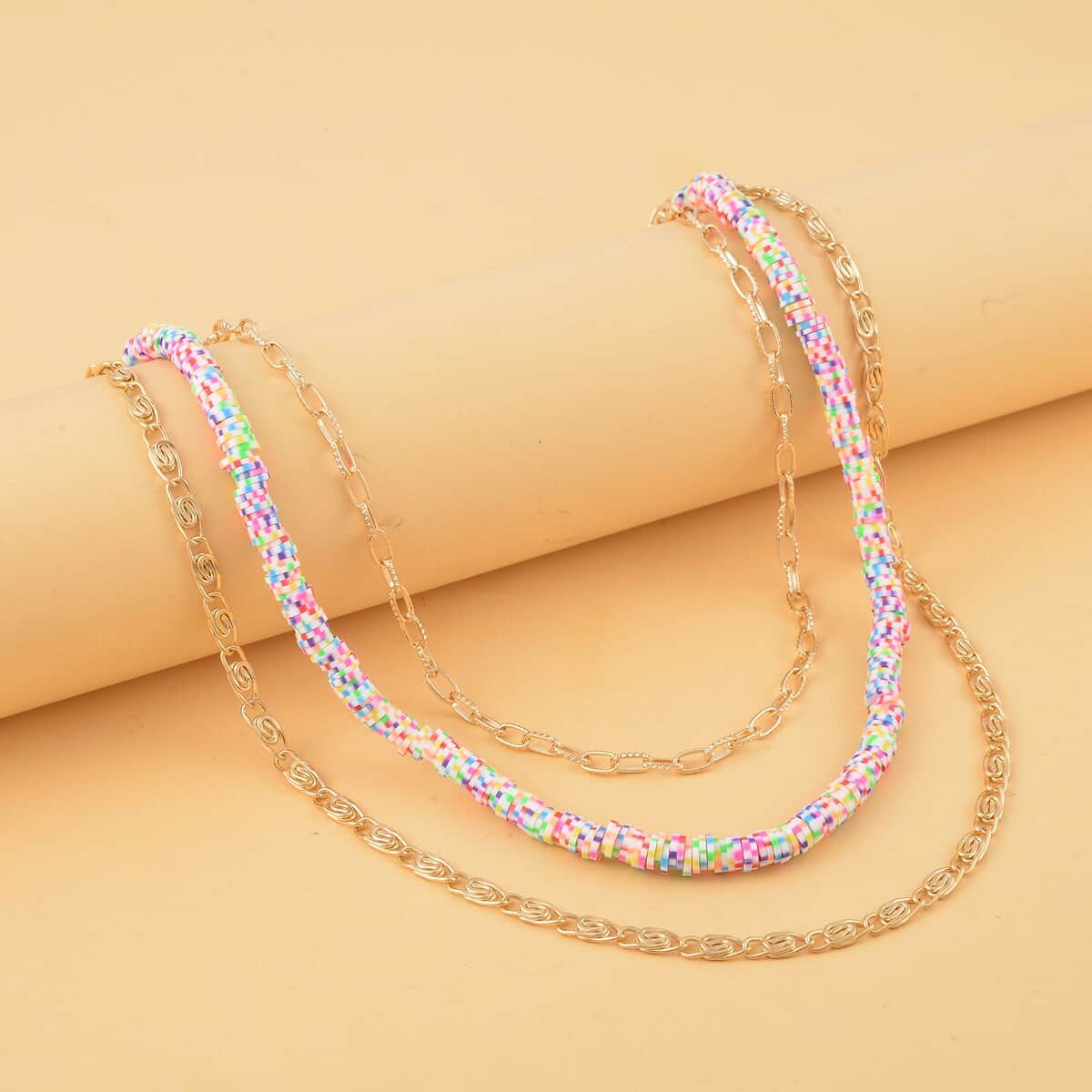 Multi Color Resin Clay 3 Layered Necklace 20-22 Inches in Goldtone image number 1