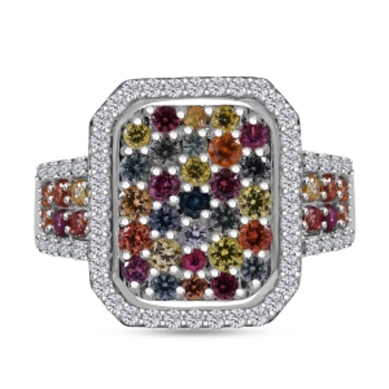 Rainbow Sapphire and White Zircon 2.28 ctw Ring in Platinum Over Sterling Silver (Size 11.5)