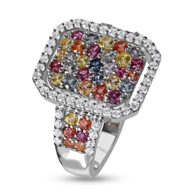 Rainbow Sapphire and White Zircon 2.28 ctw Ring in Platinum Over Sterling Silver (Size 11.5)