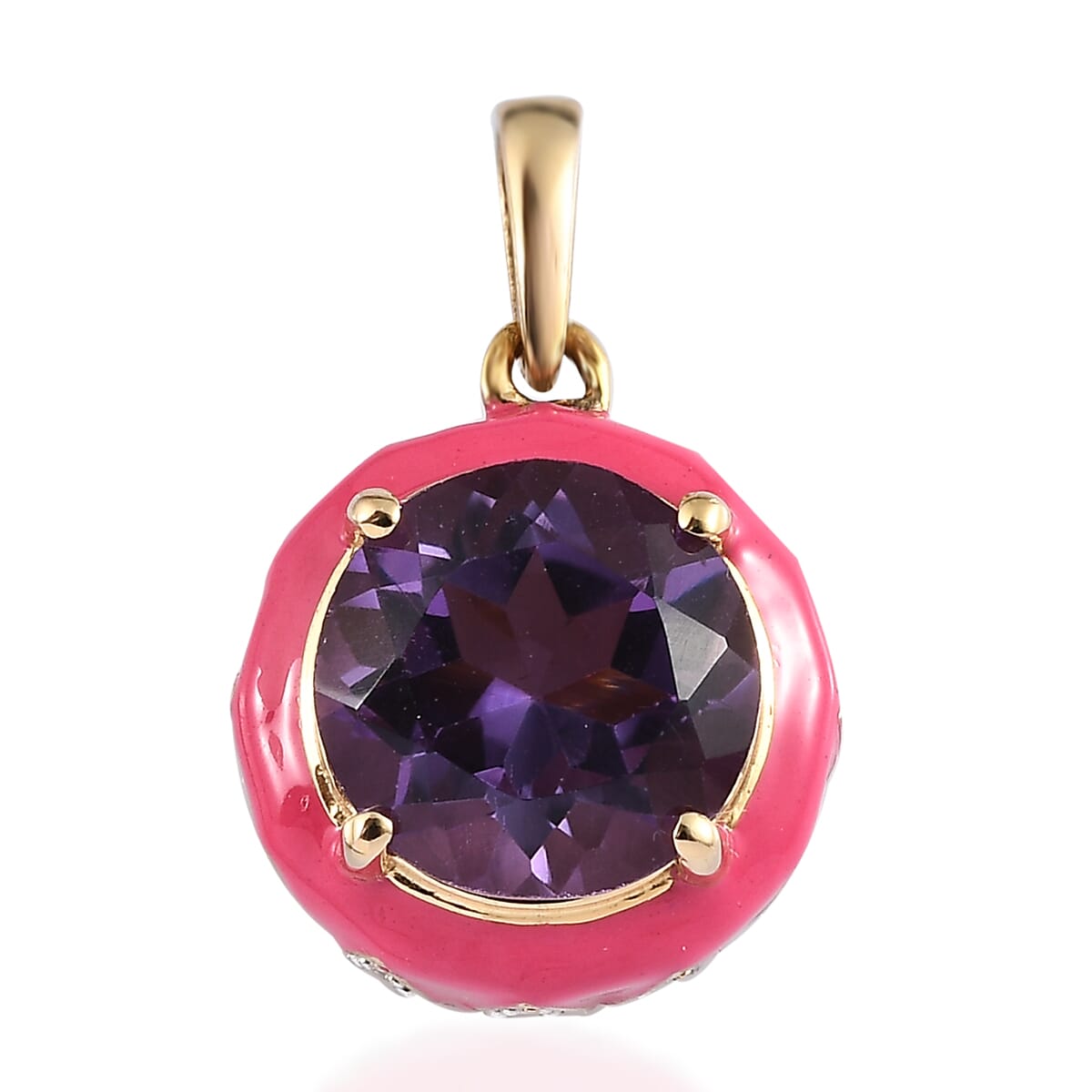 Amethyst and Moissanite Pink Enameled Pendant in Vermeil Yellow Gold Over Sterling Silver 3.60 ctw image number 0