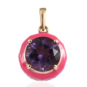 Amethyst and Moissanite Pink Enameled Pendant in Vermeil Yellow Gold Over Sterling Silver 3.60 ctw