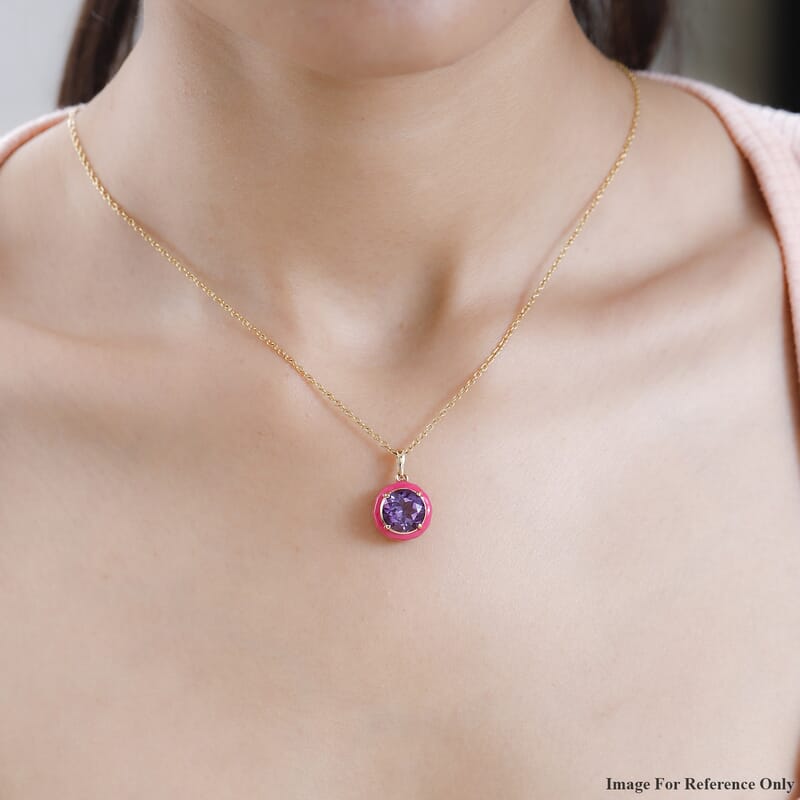 Amethyst and Moissanite Pink Enameled Pendant in Vermeil Yellow Gold Over Sterling Silver 3.60 ctw