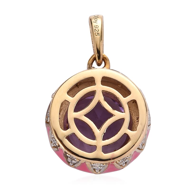 Amethyst and Moissanite Pink Enameled Pendant in Vermeil Yellow Gold Over Sterling Silver 3.60 ctw