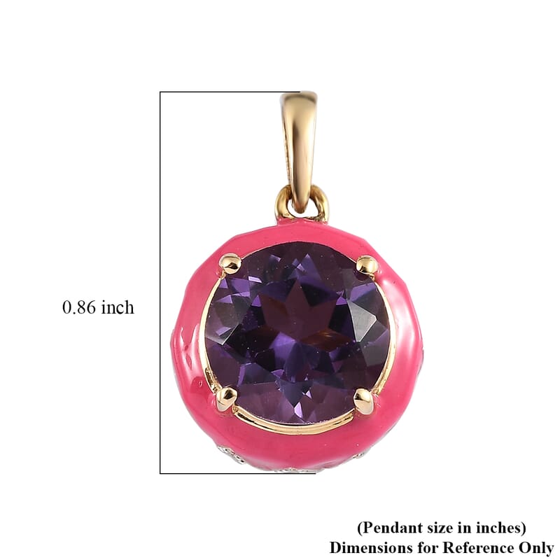 Amethyst and Moissanite Pink Enameled Pendant in Vermeil Yellow Gold Over Sterling Silver 3.60 ctw