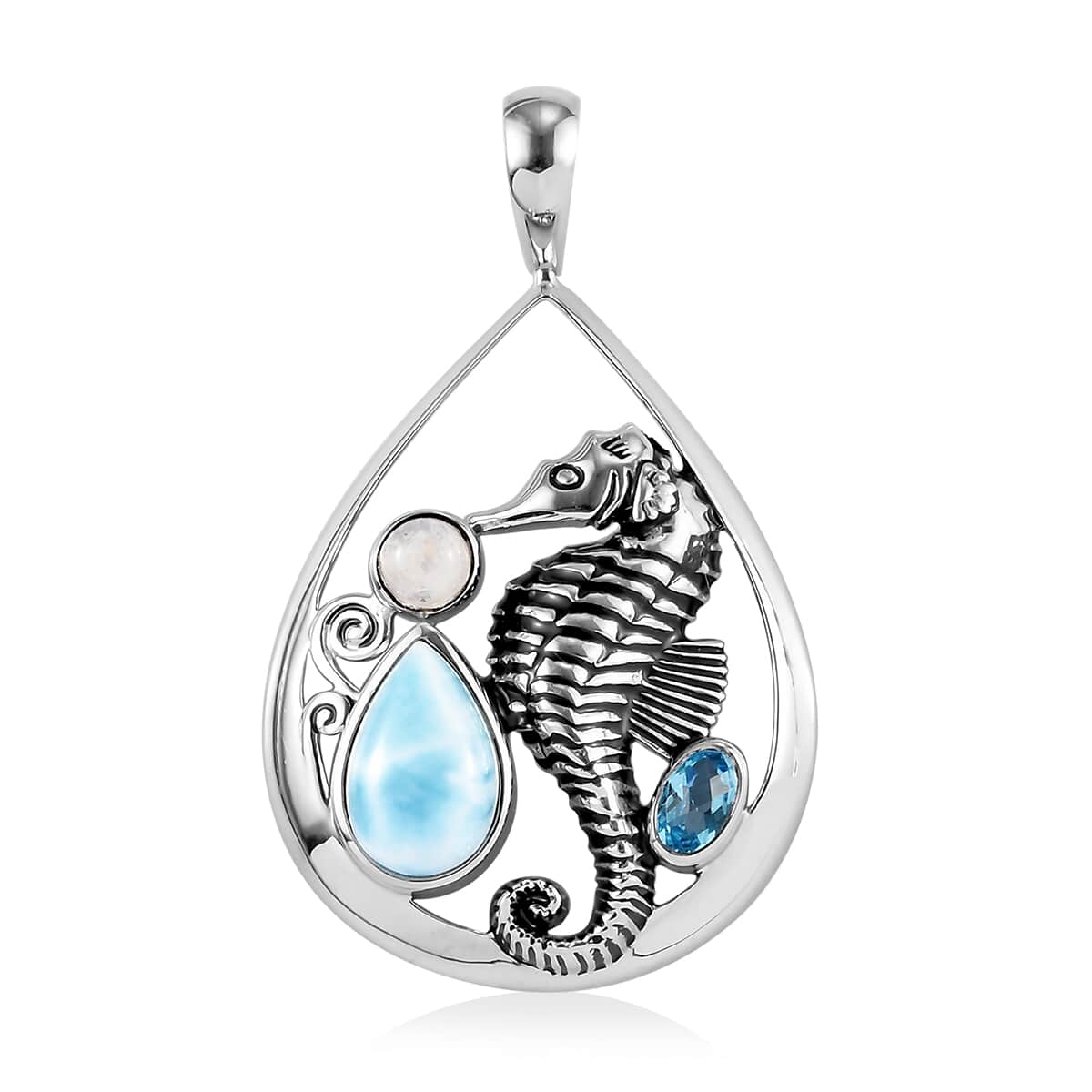 Sajen Silver Larimar and Multi Gemstone Seahorse Pendant in Platinum Over Sterling Silver 3.25 ctw image number 0