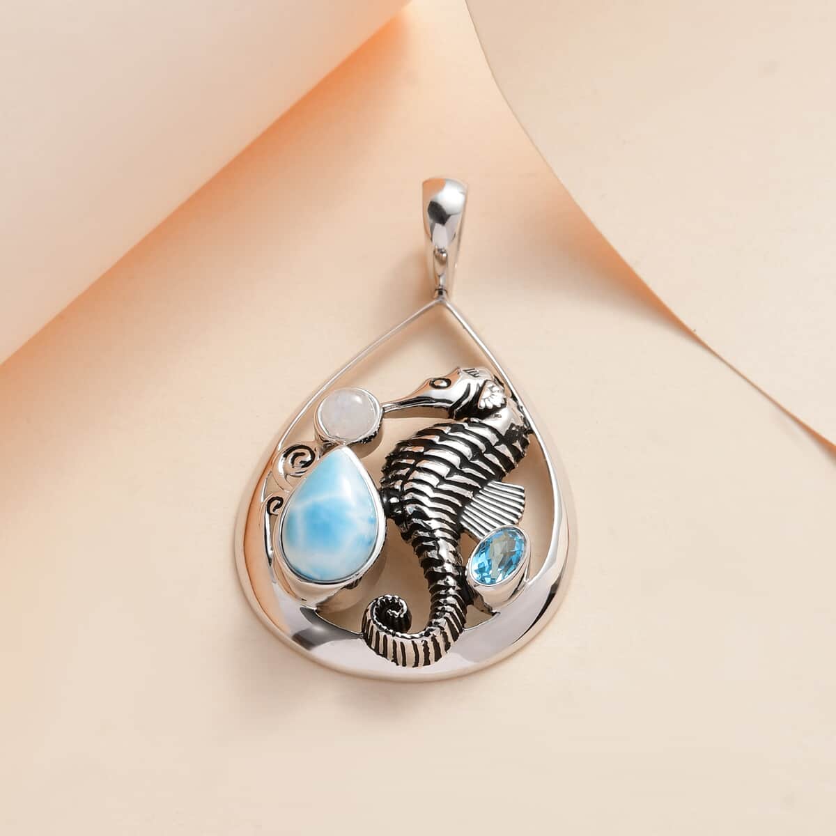 Sajen Silver Larimar and Multi Gemstone Seahorse Pendant in Platinum Over Sterling Silver 3.25 ctw image number 1