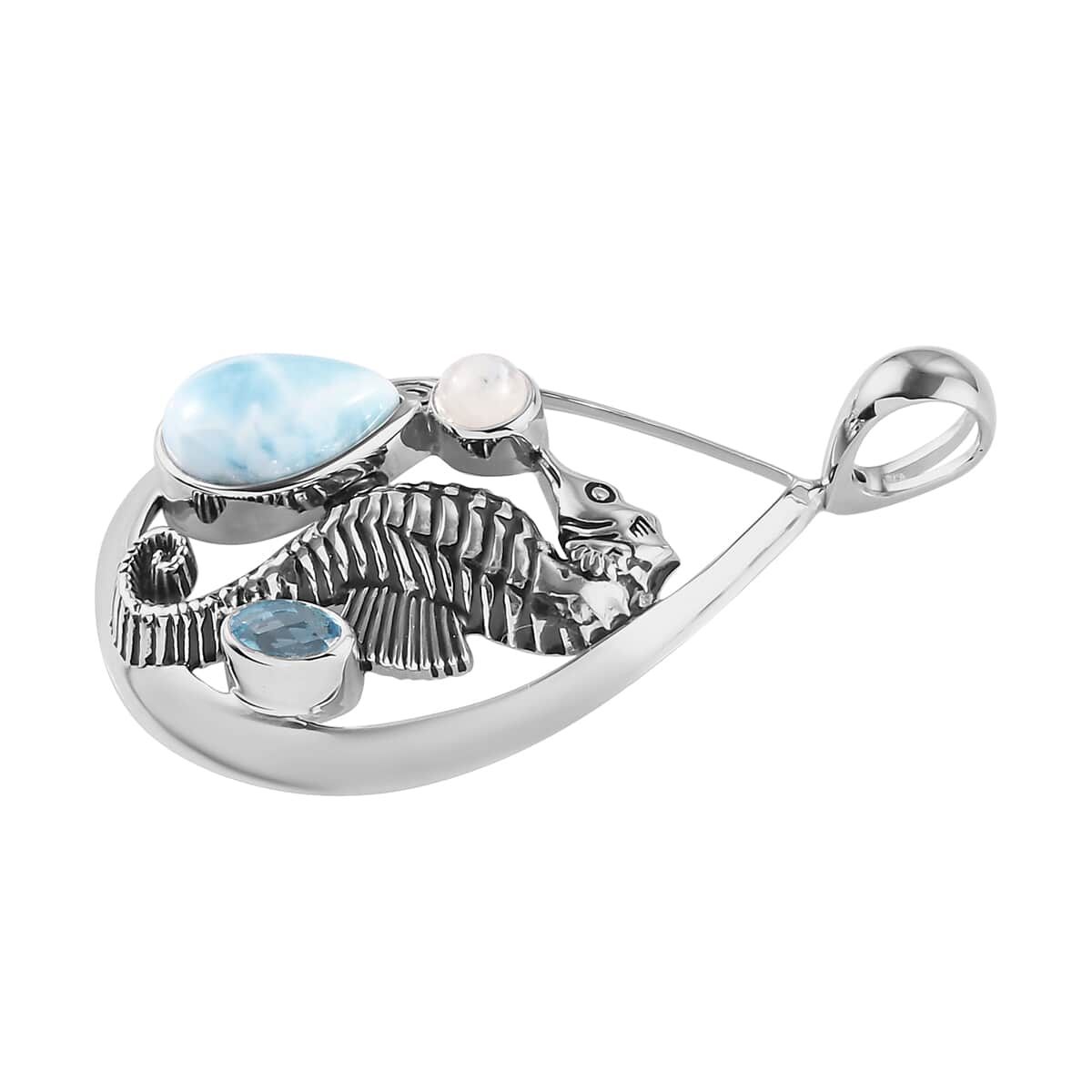 Sajen Silver Larimar and Multi Gemstone Seahorse Pendant in Platinum Over Sterling Silver 3.25 ctw image number 2