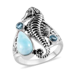 Sajen Silver Larimar and Quartz Doublet Celestial Blue Seahorse Ring in Platinum Over Sterling Silver (Size 10.0) 2.60 ctw