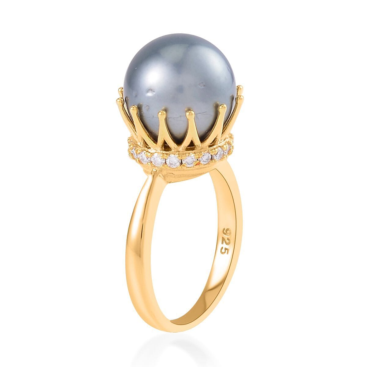 Tahitian Cultured Pearl and Moissanite Ring in Vermeil Yellow Gold Over Sterling Silver (Size 10.0) 0.30 ctw image number 1