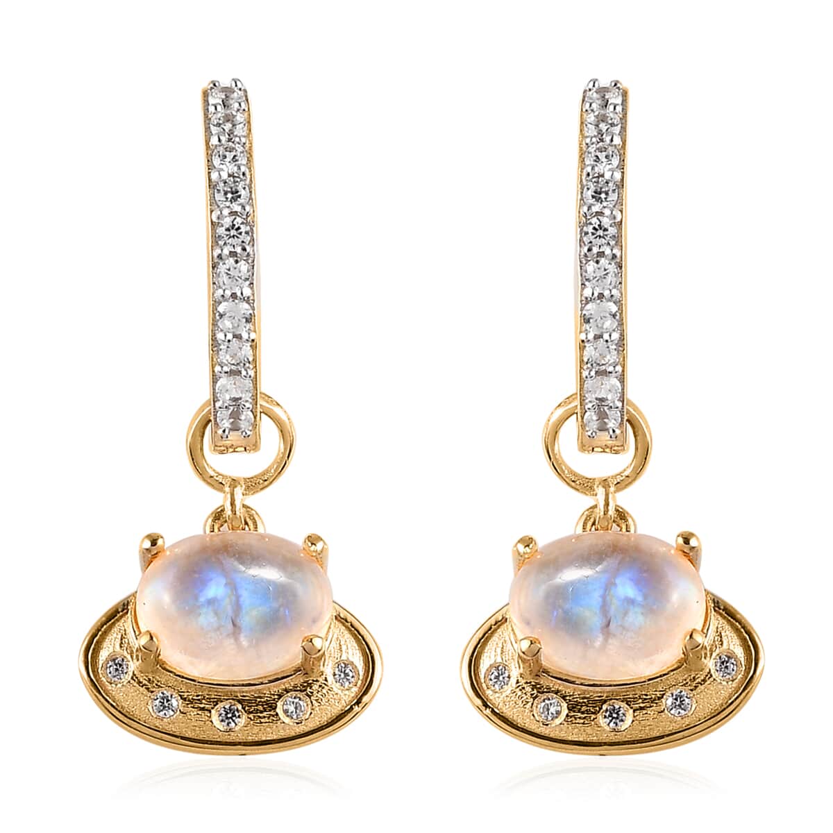 Premium Rainbow Moonstone, White Zircon Celestial Moon UFO Charm Earrings in Vermeil YG Over Sterling Silver 3.75 ctw image number 0