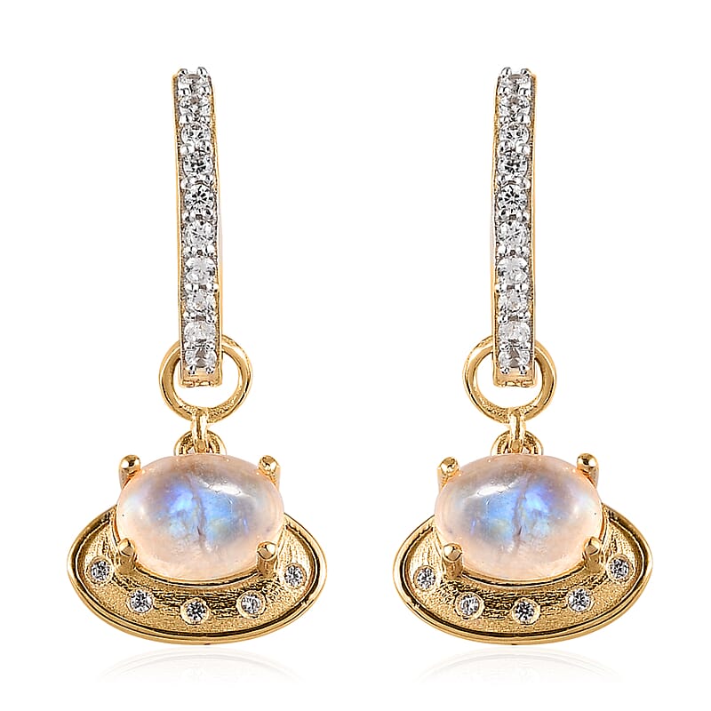 Premium Rainbow Moonstone, White Zircon Celestial Moon UFO Charm Earrings in Vermeil YG Over Sterling Silver 3.75 ctw