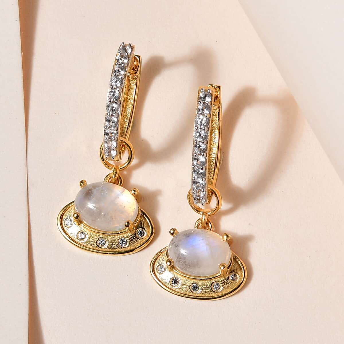 Premium Rainbow Moonstone, White Zircon Celestial Moon UFO Charm Earrings in Vermeil YG Over Sterling Silver 3.75 ctw image number 1