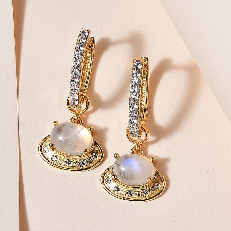 Premium Rainbow Moonstone, White Zircon Celestial Moon UFO Charm Earrings in Vermeil YG Over Sterling Silver 3.75 ctw