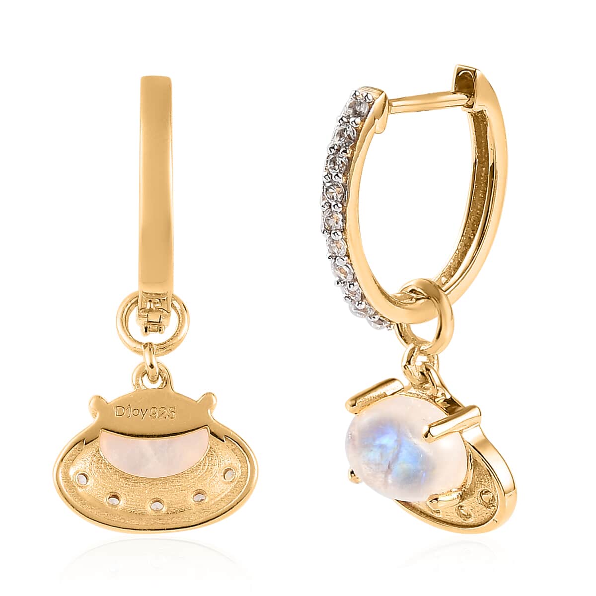 Premium Rainbow Moonstone, White Zircon Celestial Moon UFO Charm Earrings in Vermeil YG Over Sterling Silver 3.75 ctw image number 3