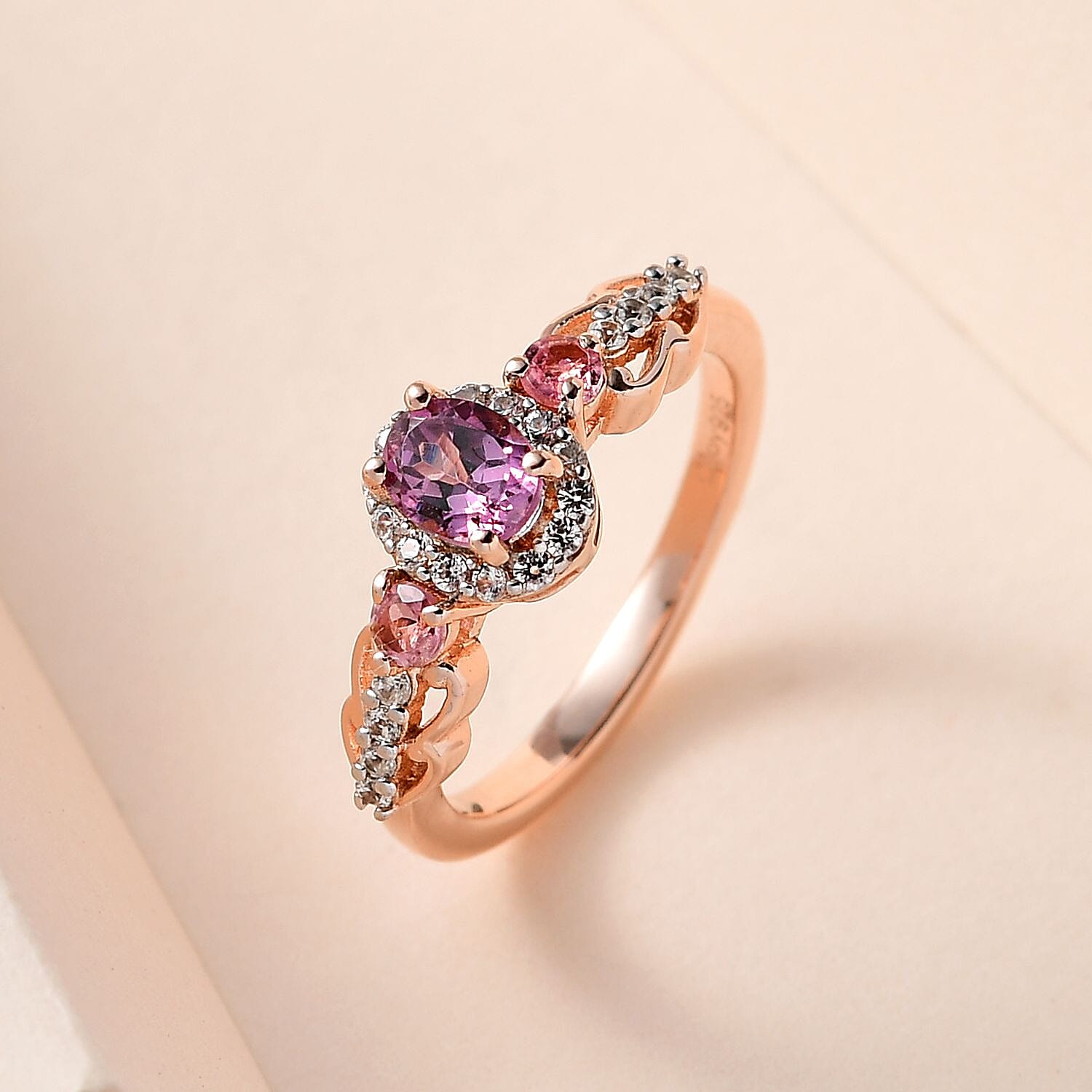Narsipatnam Purple Spinel Ring , Multi Gemstone Accent Ring , Halo Ring , Vermeil Rose Gold Over Sterling Silver Ring , Wedding Ring 0.75 ctw