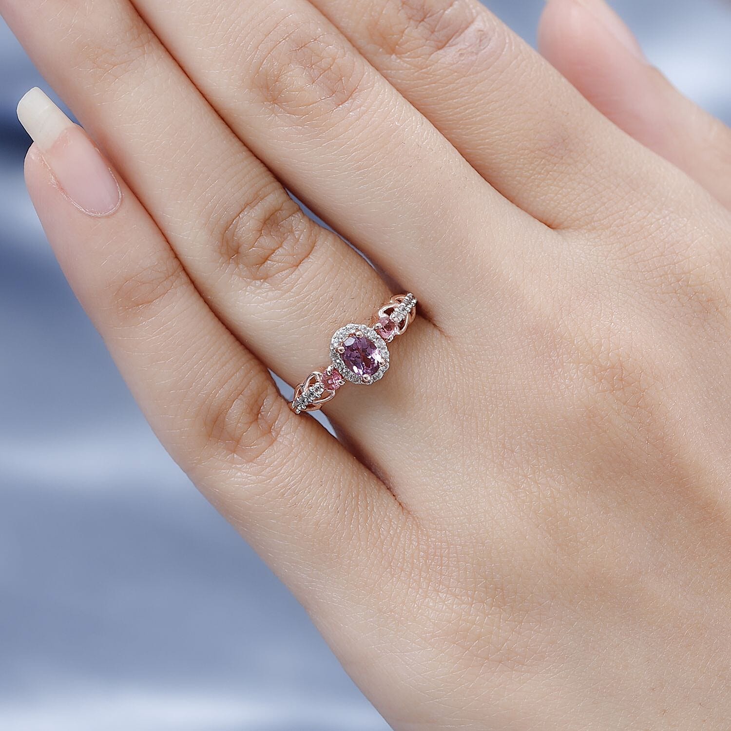 Narsipatnam Purple Spinel Ring , Multi Gemstone Accent Ring , Halo Ring , Vermeil Rose Gold Over Sterling Silver Ring , Wedding Ring 0.75 ctw