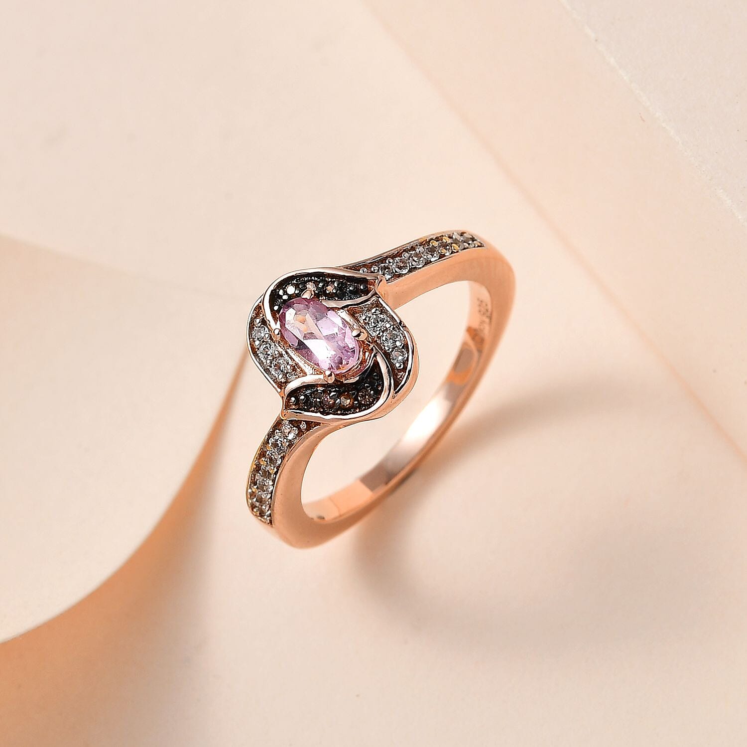 Narsipatnam Purple Spinel, Champagne and White Zircon Sea Waves Ring in Vermeil Rose Gold Over Sterling Silver (Size 10.0) 0.40 ctw