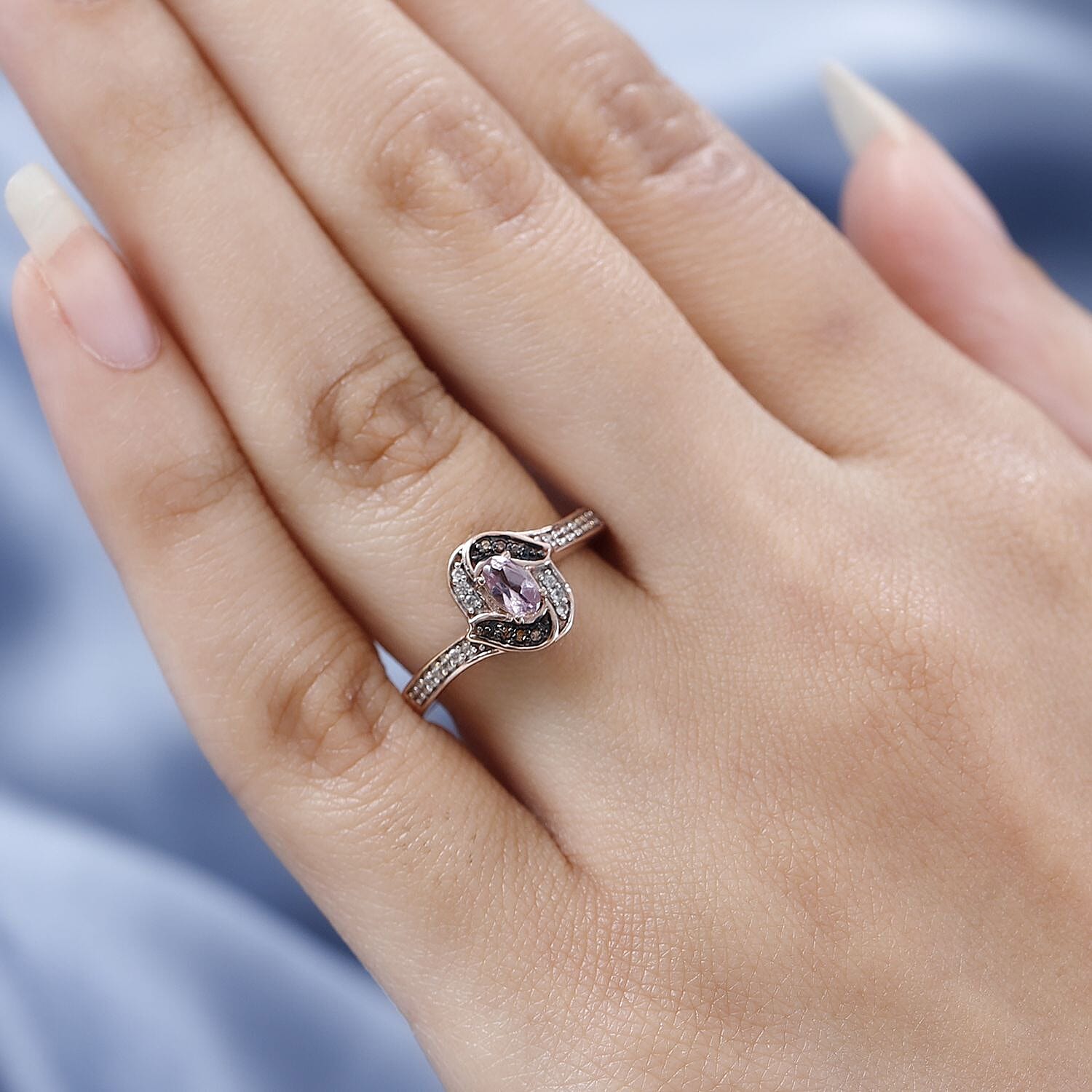 Narsipatnam Purple Spinel, Champagne and White Zircon Sea Waves Ring in Vermeil Rose Gold Over Sterling Silver (Size 10.0) 0.40 ctw