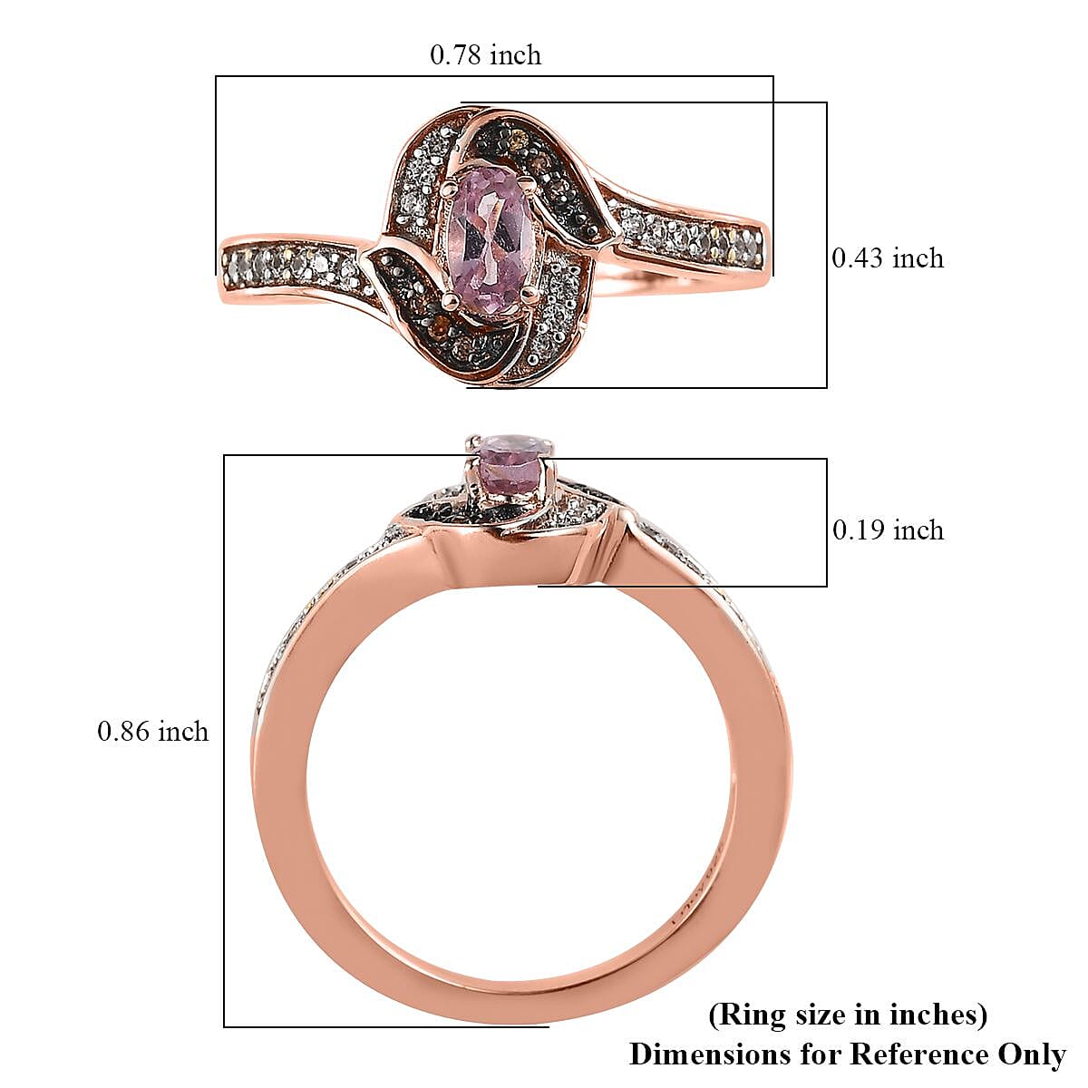 Narsipatnam Purple Spinel, Champagne and White Zircon Sea Waves Ring in Vermeil Rose Gold Over Sterling Silver (Size 10.0) 0.40 ctw