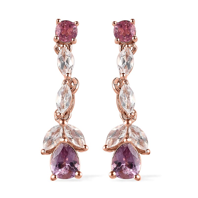 Narsipatnam Purple Spinel and Multi Gemstone Dangling Earrings in Vermeil Rose Gold Over Sterling Silver 1.65 ctw