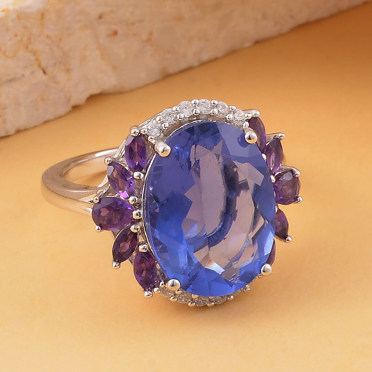 Color Change Fluorite (IR) and Multi Gemstone Halo Ring in Rhodium Over Sterling Silver 11.90 ctw image number 1