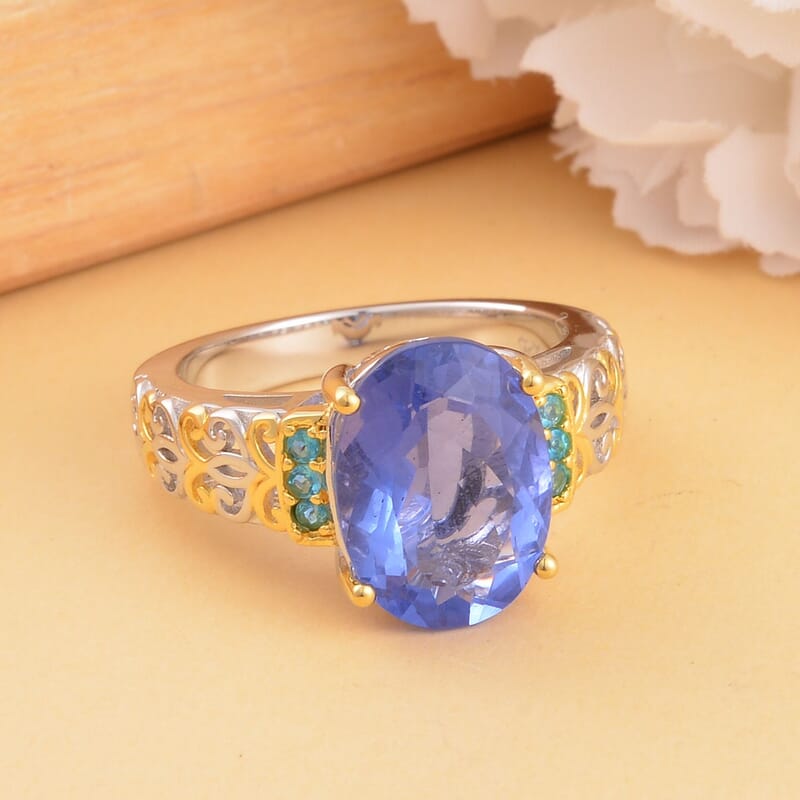 Color Change Fluorite (IR) and Malgache Neon Apatite Ring in Vermeil Yellow Gold and Platinum Over Sterling Silver (Size 10.0) 7.00 ctw