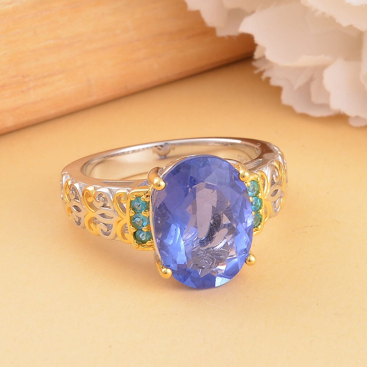 Color Change Fluorite (IR) and Malgache Neon Apatite Ring in Vermeil Yellow Gold and Platinum Over Sterling Silver (Size 7.0) 7.00 ctw image number 1