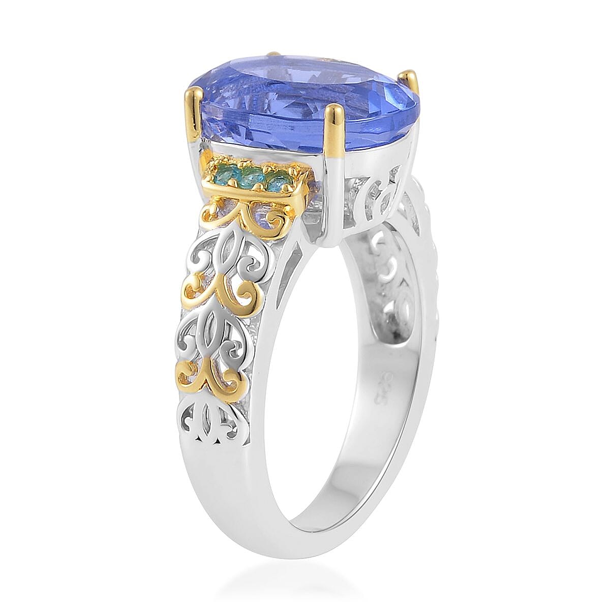 Color Change Fluorite (IR) and Malgache Neon Apatite Ring in Vermeil Yellow Gold and Platinum Over Sterling Silver (Size 7.0) 7.00 ctw image number 3